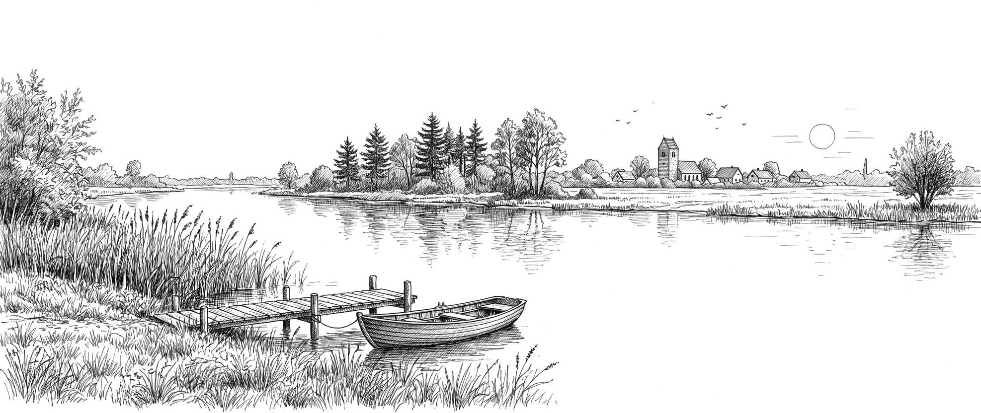 Federzeichnung einer Flusslandschaft an der Havel mit Schilf, Holzsteg, Ruderboot, Kiefern und einem Dorf mit Kirchturm